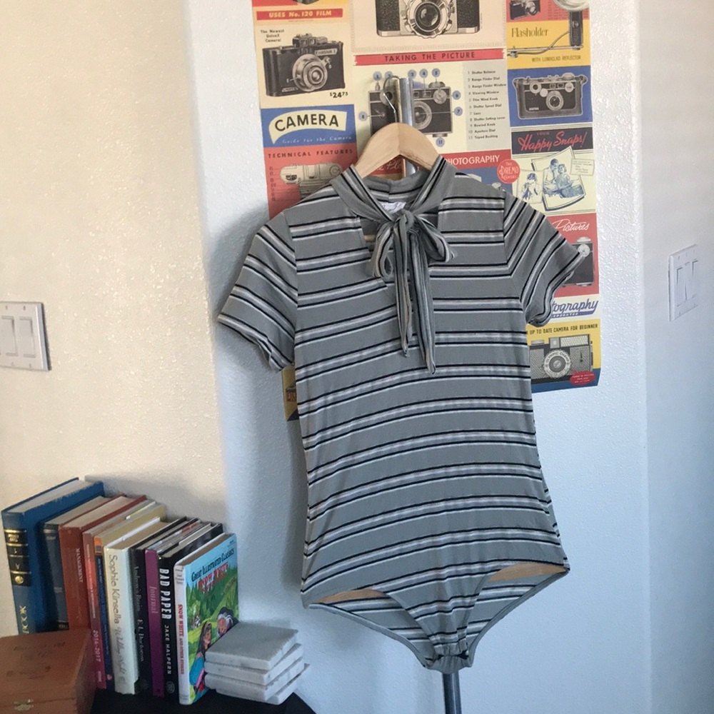 Striped body suit with necktie bow